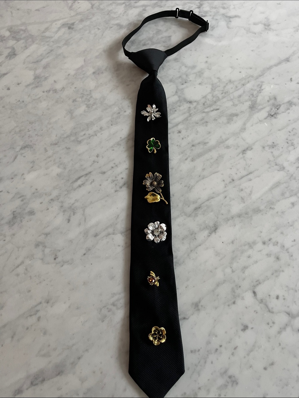 Black Floral Pin-Embellished Necktie